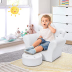 MAT EXPERT Toddler Couch with Ottoman, Kids Royal Sofa Couch with Smooth PVC Leather, Crown Shape & Diamond Buckle Decoration, Upholstered Kids Sofa, Ideal for Boys & Girls Age 3-5 (White)