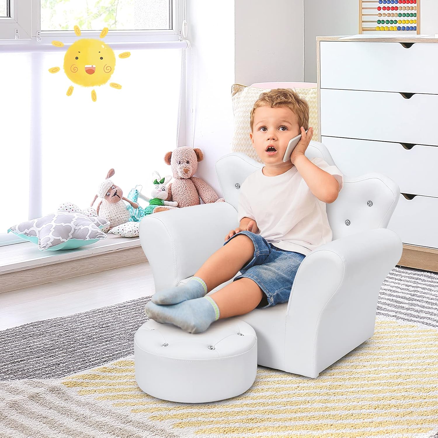 DREAMADE Kids Sofa with Ottoman, Crown-Like Kids Couch w/Comfy Armrests, Sturdy Wood Structure, PVC Leather Surface & Crystal Decoration, Toddler Chair with Footstool, Ideal for Princess 3-5 (White)