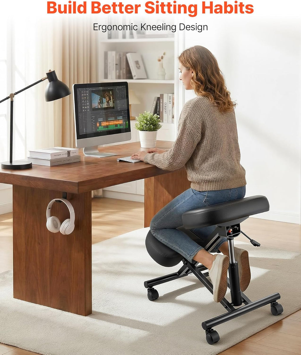 VEVOR Ergonomic Kneeling Chair with Wheels, Mobile X-Shaped Posture Knee Chair with Adjustable Height & Thick Foam Cushions, Natural Relief for Neck or Back Pain for Home, Office or Meditation, Black