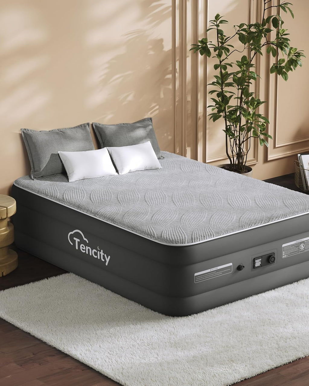 Fast Inflate AirBed, Quiet & Comfortable Blow Up Bed for Home Guests, Camping, Travel, 20” Tall Luxury Air Mattress with Quilted Foam Topper, U-shaped PVC strap for Extra Firm Support, Inflatable Bed