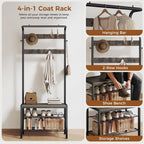 DUMOS 5-in-1 Hall Tree with Coat Rack and Shoe Bench, Industrial Entryway Storage Organizer with Top Hanging Rod, 10 Movable Hooks & Side Hooks, Mudroom Bench with 2-Tier Shoe Rack, Grey