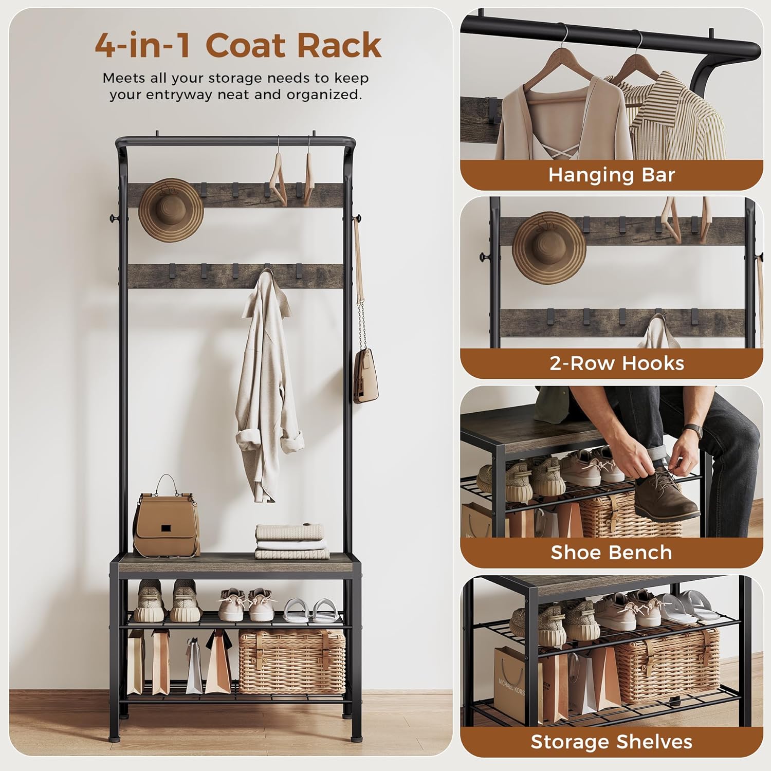 DUMOS 5-in-1 Hall Tree with Coat Rack and Shoe Bench, Industrial Entryway Storage Organizer with Top Hanging Rod, 10 Movable Hooks & Side Hooks, Mudroom Bench with 2-Tier Shoe Rack, Grey