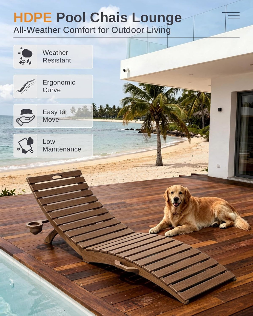 AreShark HDPE Pool Chaise Lounge Chairs Set of 2 up to 8-Inches of Water, Pre-Assembled Folding Outdoor Lounge Chairs with Cup Holders, for Hotel, Resort, Poolside, Sun Decks -Teak Color