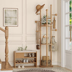 FROMJBEST Coat Rack Freestanding,Coat tree Entryway,Mid-Century,Nature Wood | Freestanding, Solid Wood, 9 Hooks & 3 Shelves, for Entryway, Hallway, Bedroom, Living Room, Office, Holds Bags, Hats, Purses
