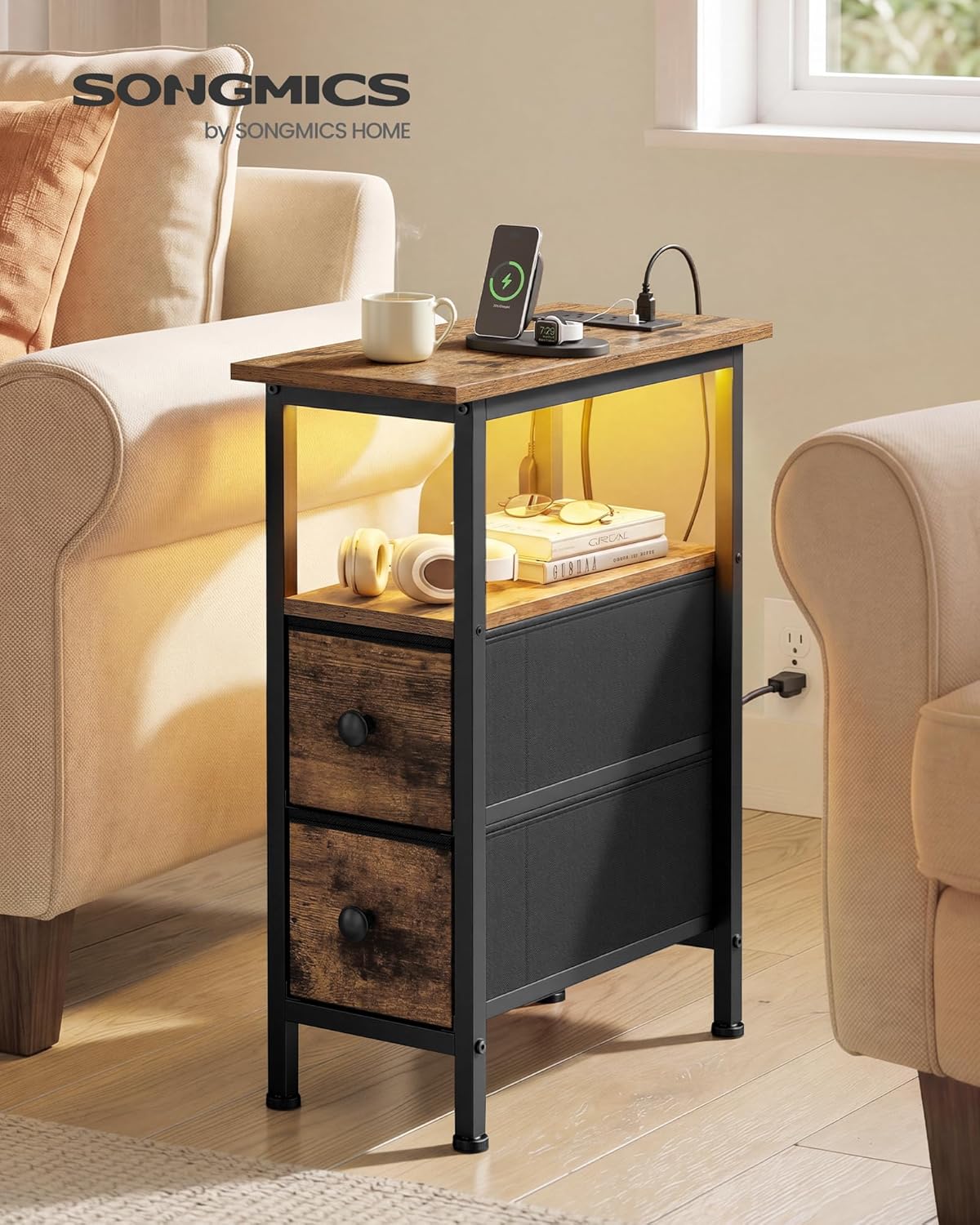 SONGMICS Side Table, Nightstand with Charging Station, End Table with LED Lighting, 2 Drawers, for Living Room, Bedroom, Set of 2, Rustic Brown, BELLAH Collection ULGS012K101