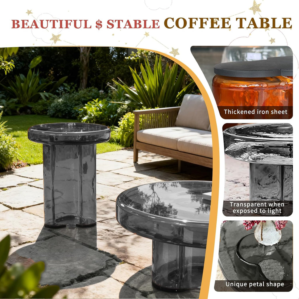 Storm Glass Side Table for Living Room, Round End Table with Tempered Glass Top (Grey, 14.96)