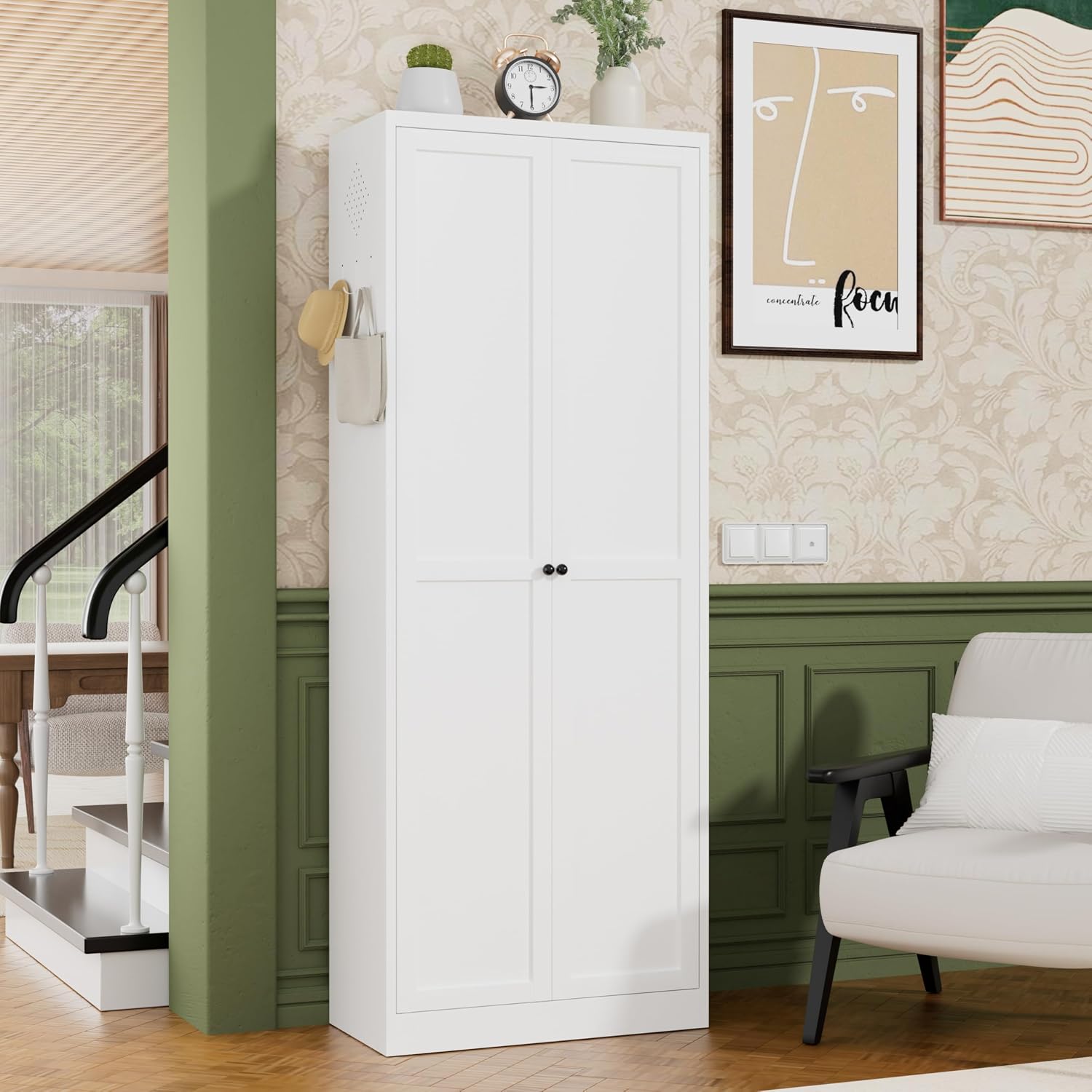 72" White Metal Kitchen Pantry Cabinet with Doors & 5 Adjustable Shelves, Heavy-Duty Freestanding Storage Organizer Utility Cupboard for Pantry, Kitchen, Bathroom