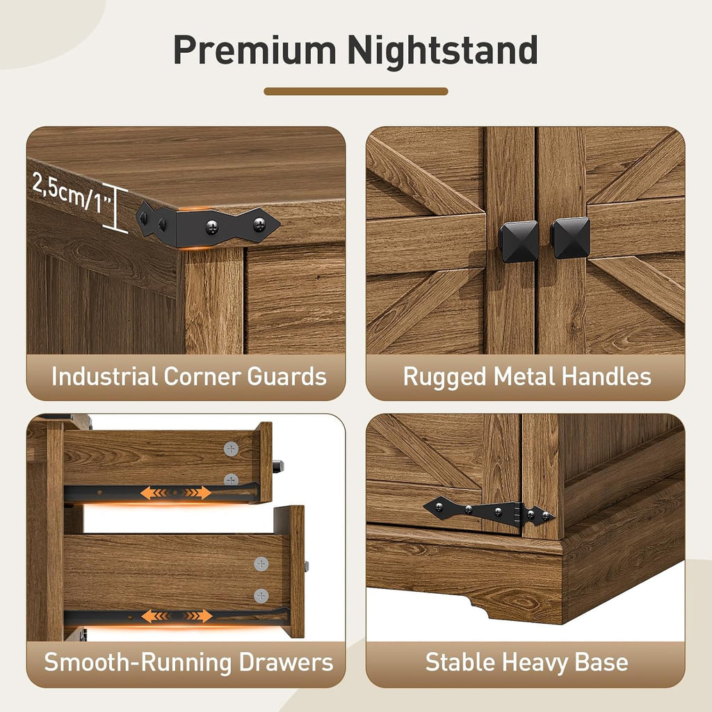 RALGEND Farmhouse End Table with Charging Station, 24'' Sofa Side Table with 2 Drawers and Barn Door, Large Rustic Wooden Square Nightstand for Bedroom, Living Room, Walnut