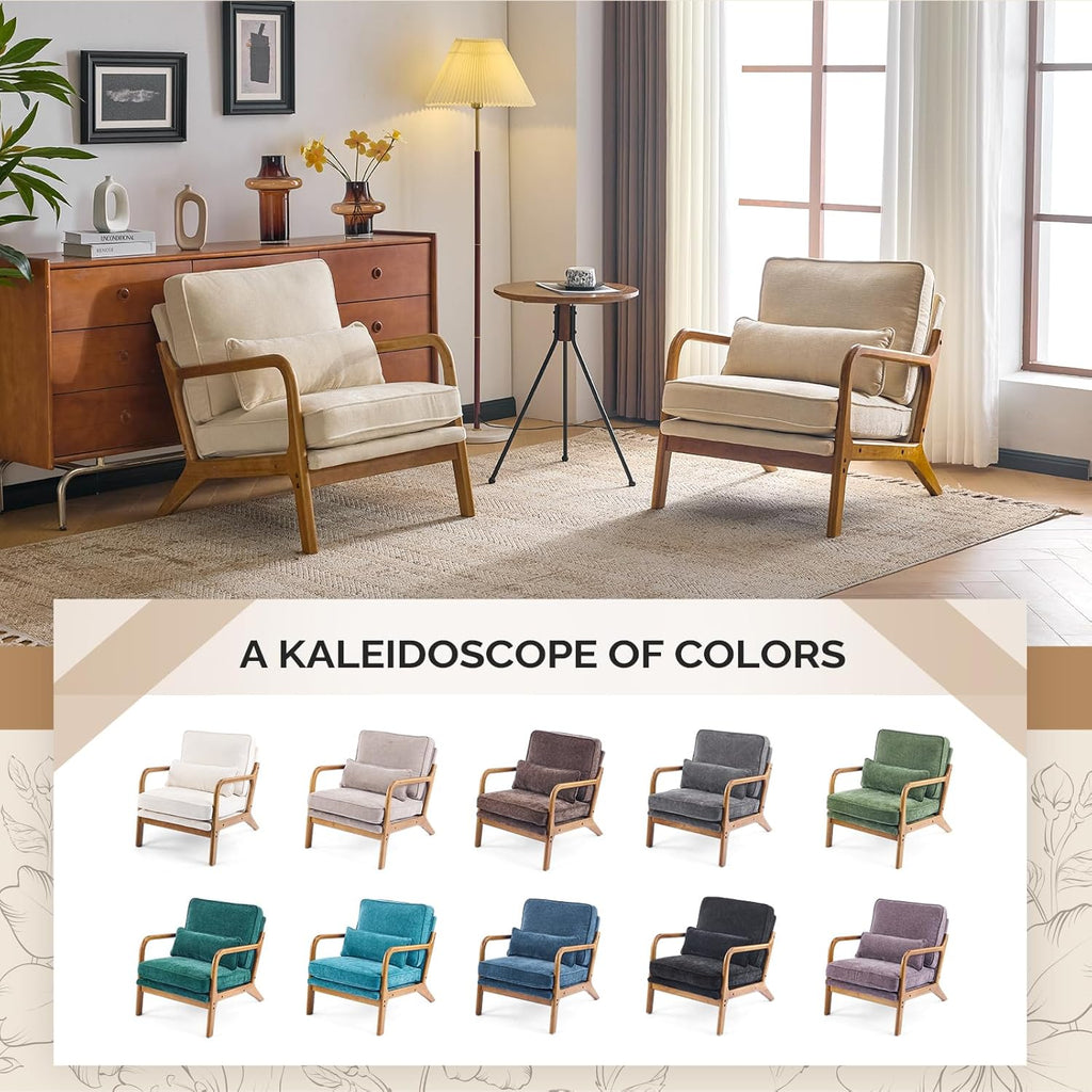 VINGLI Chenille Mid-Century Modern Accent Chair Set of 2, Cute Reading Arm Chair with Cushion & Lumbar Pillow & Solid Wood Frame for Lounge, Living Room, Reading Room, Bedroom,Cream