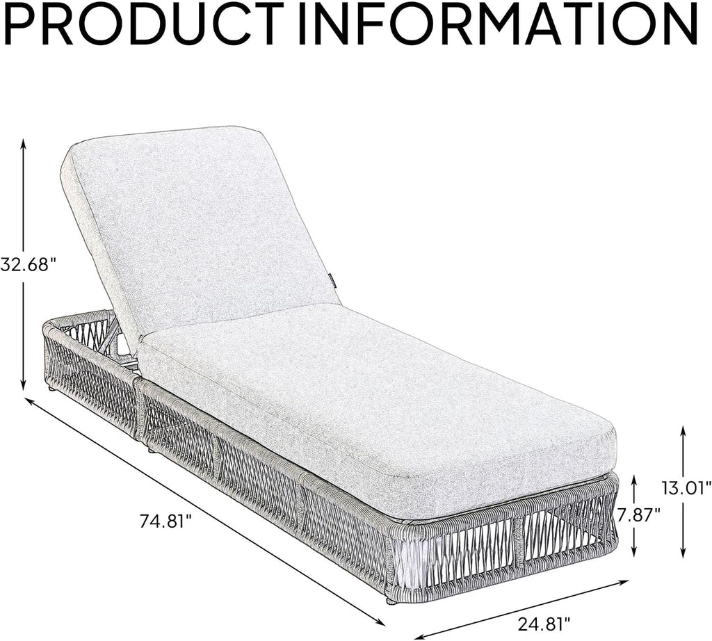 Outdoor Chaise Lounge Chair Set of 2, 5-Position Adjustable Backrest, All-Weather Brown Woven Rope Recliner with 5 Inch Beige Cushion, Water-resistant Patio Lounge Chair for Poolside, Beach, Backyard