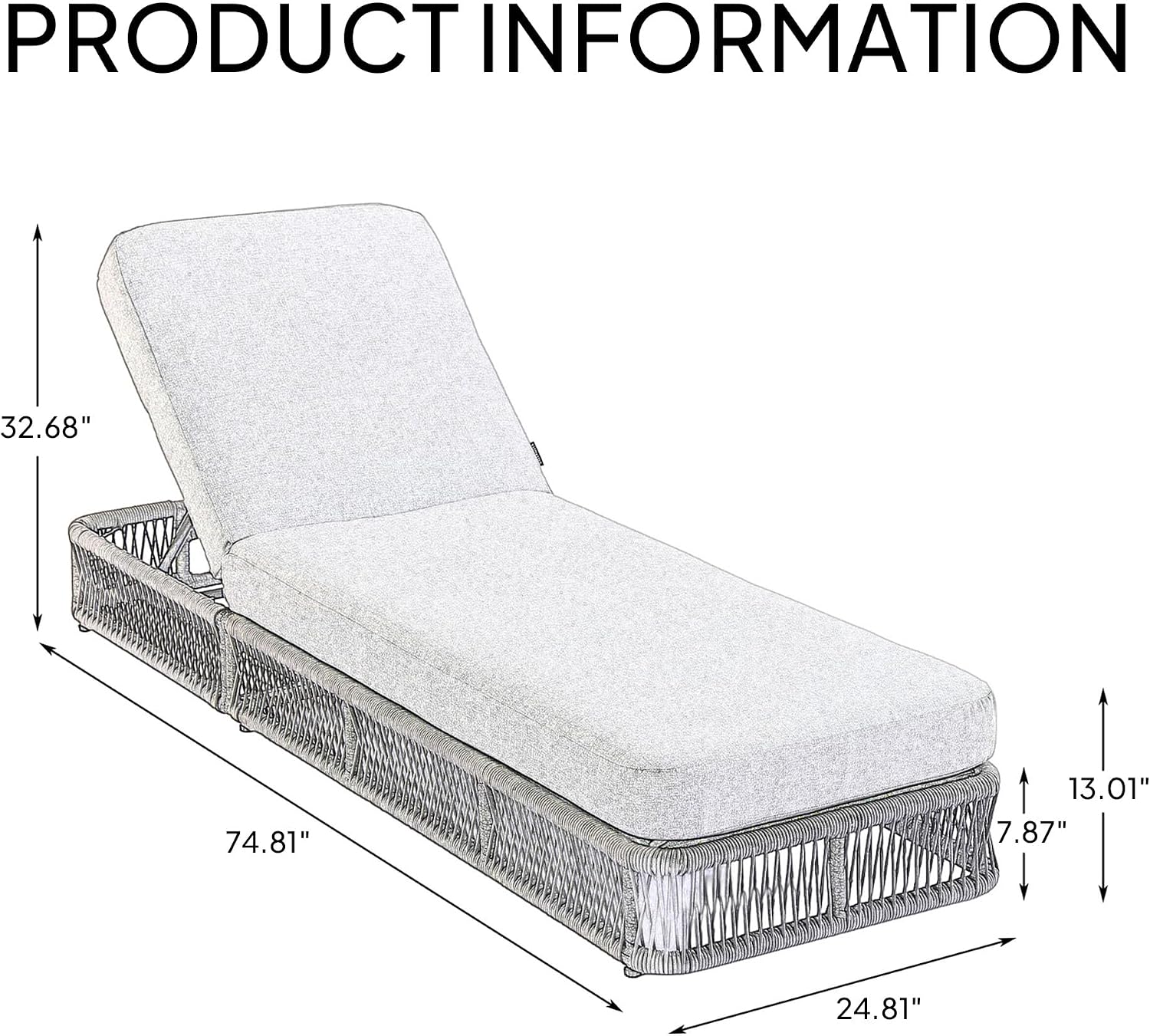 Outdoor Chaise Lounge Chair Set of 2, 5-Position Adjustable Backrest, All-Weather Brown Woven Rope Recliner with 5 Inch Beige Cushion, Water-resistant Patio Lounge Chair for Poolside, Beach, Backyard