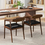 COSTWAY Dining Chairs with Arms Set of 4, Mid Century Modern Wooden Accent Chairs with Faux Leather Seat & Padded Backrest, Kitchen Side Armchairs for Living Dining Reading Room, Brown & Black