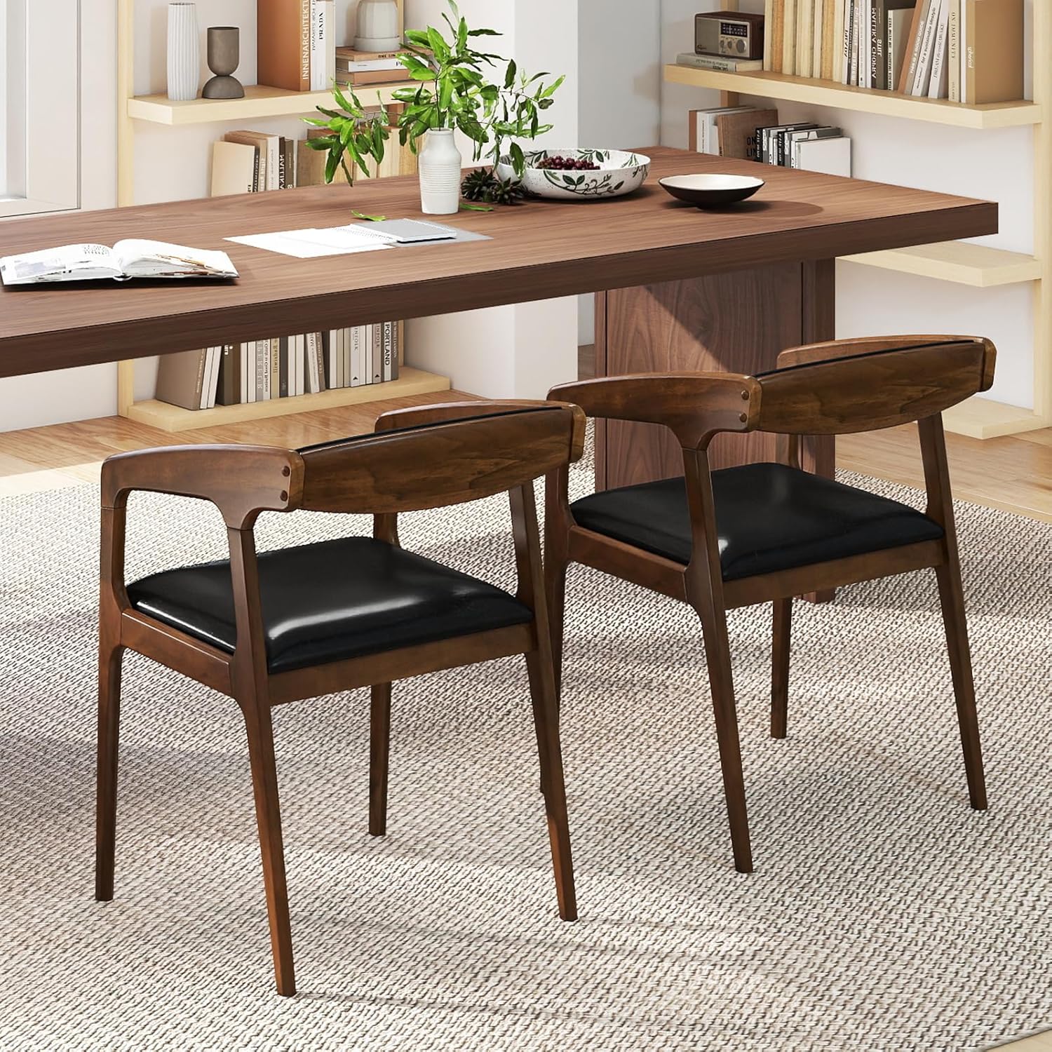 COSTWAY Dining Chairs with Arms Set of 4, Mid Century Modern Wooden Accent Chairs with Faux Leather Seat & Padded Backrest, Kitchen Side Armchairs for Living Dining Reading Room, Brown & Black