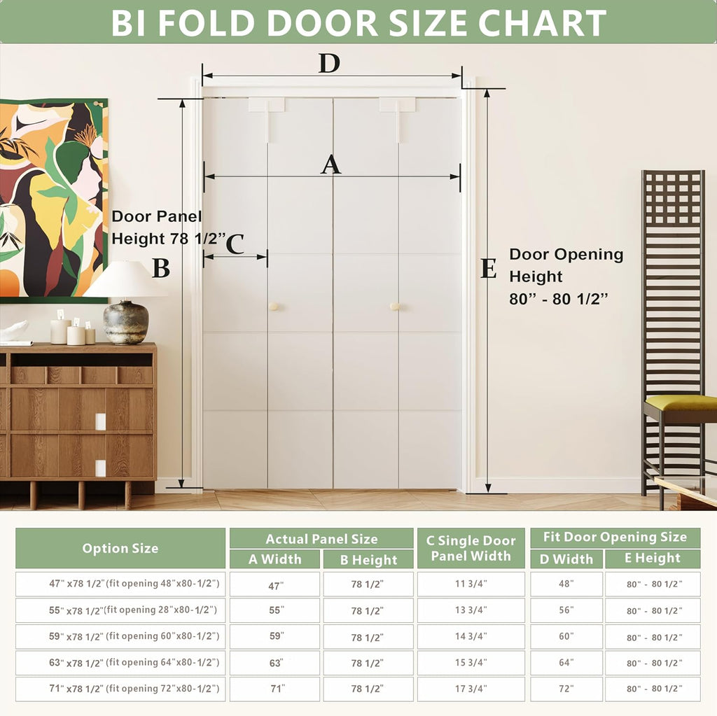Bifold Doors for 48" x 80" Opening, Preassembled 5 Panel Grooved Hollow Core Folding Door with Hardware Kit & Bifold Door Lock, White Primed Interior Doors for Closet, Pantry & Laundry