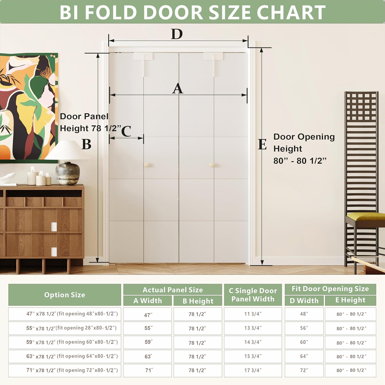 Bifold Doors for 48" x 80" Opening, Preassembled 5 Panel Grooved Hollow Core Folding Door with Hardware Kit & Bifold Door Lock, White Primed Interior Doors for Closet, Pantry & Laundry