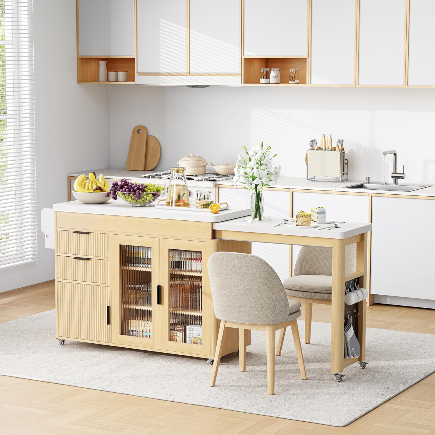 IRONCK 78.7" Kitchen Island with Extendable Dining Table, Rolling Kitchen Cart on Wheels with Quartz Laminate Top, Storage Cabinet, Spice Rack, Shelf & Drawer for Dining Room (Oak)