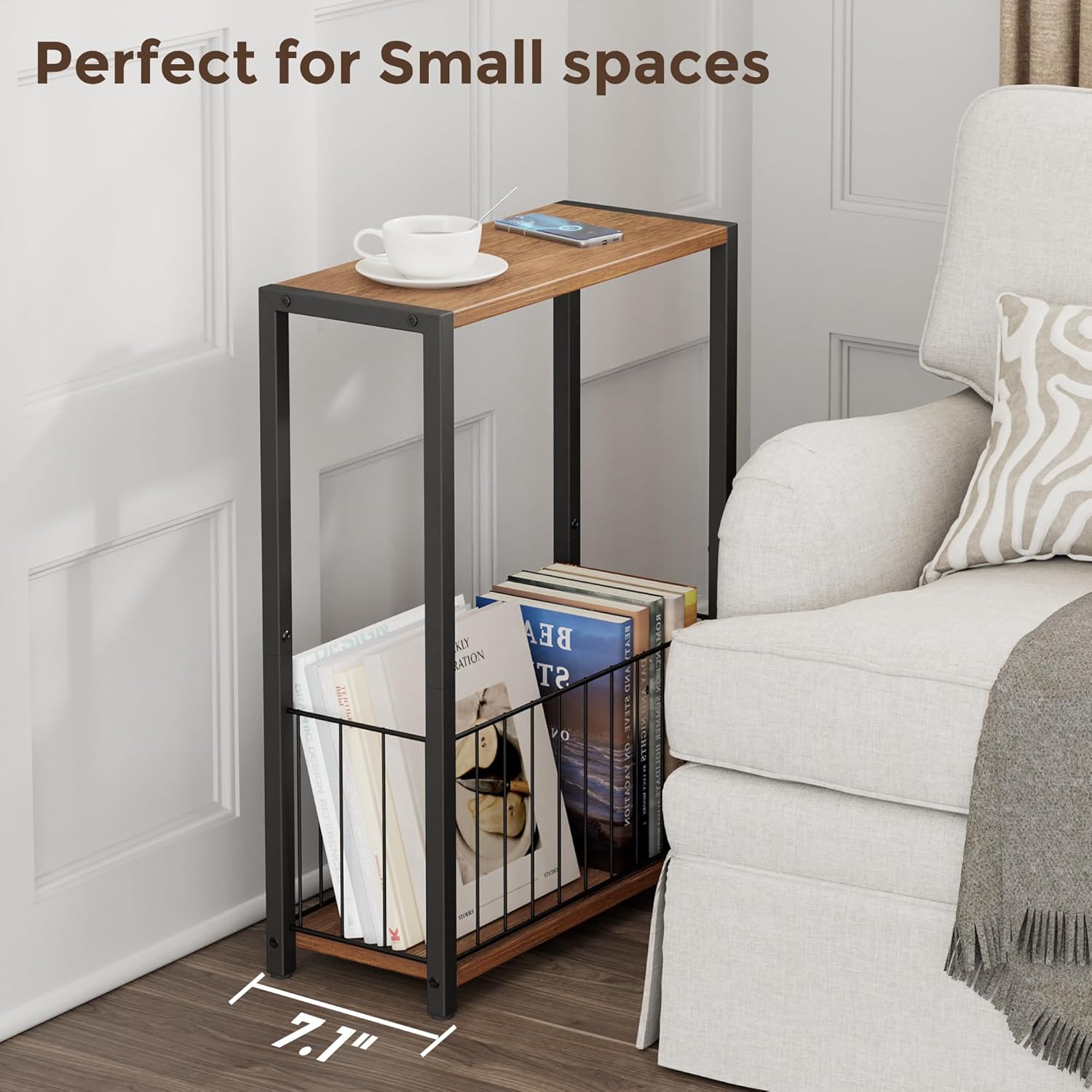 Homleke Narrow Side Table with Magazine Holder, Skinny End Table Perfect for Small Spaces, Space-Saving Design for Living Room, Bedroom, or Office, 7.1" D x 16.9" W x 23.6" H, Rustic Walnut
