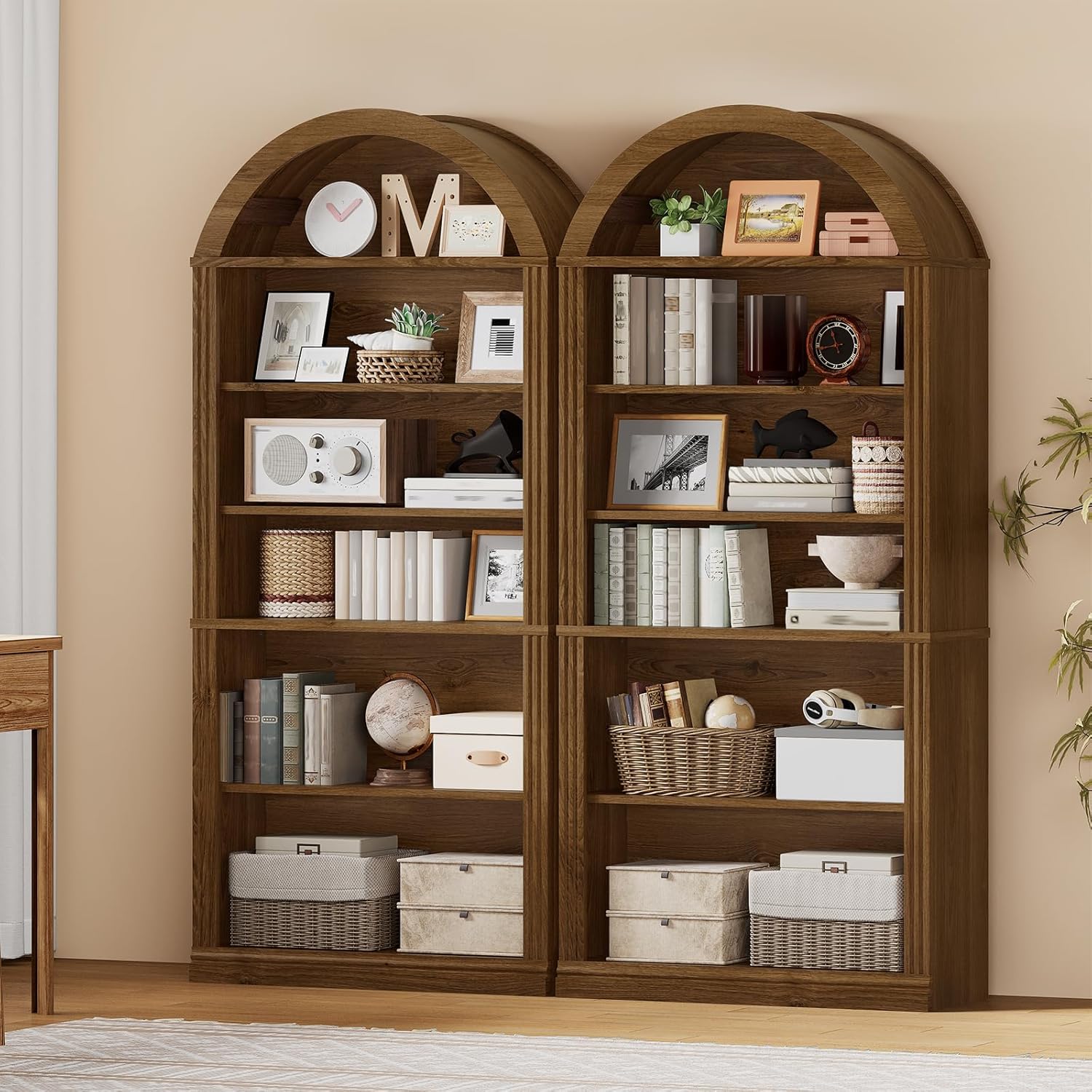 RALGEND Arched Bookshelf, 75.8" Tall Arch Bookcase with Storage, 6-Tier Farmhouse Book Shelf, Arched Cabinet, Wooden Bookshelf with Open Display Shelves, Adjustable Shelf, Office, Walnut
