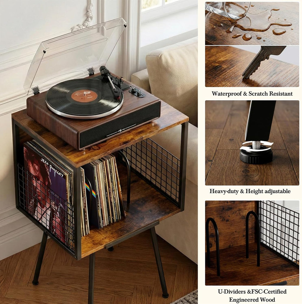 Faesun Record Player Stand with Storage Holds 100+ Vinyl Records, Industrial Turntable Stand with Storage Shelf, LP Album Organizer Cabinet for Small Spaces,Rustic End Table