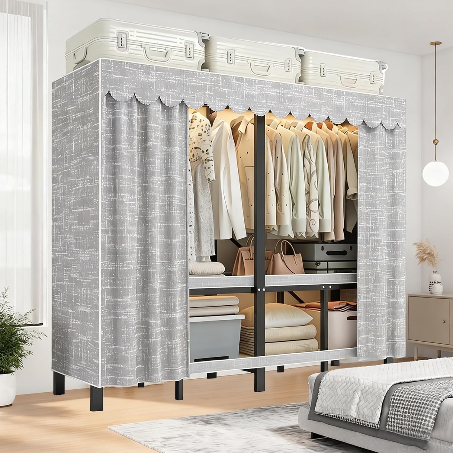 Foldable Portable Closet Wardrobe on Wheel Heavy Duty Metal Clothing Rack with Cover Freestanding Armoire Storage System Rolling Garment Racks for Hanging Clothes (C,Grey Cover, 66.1in/168cm)