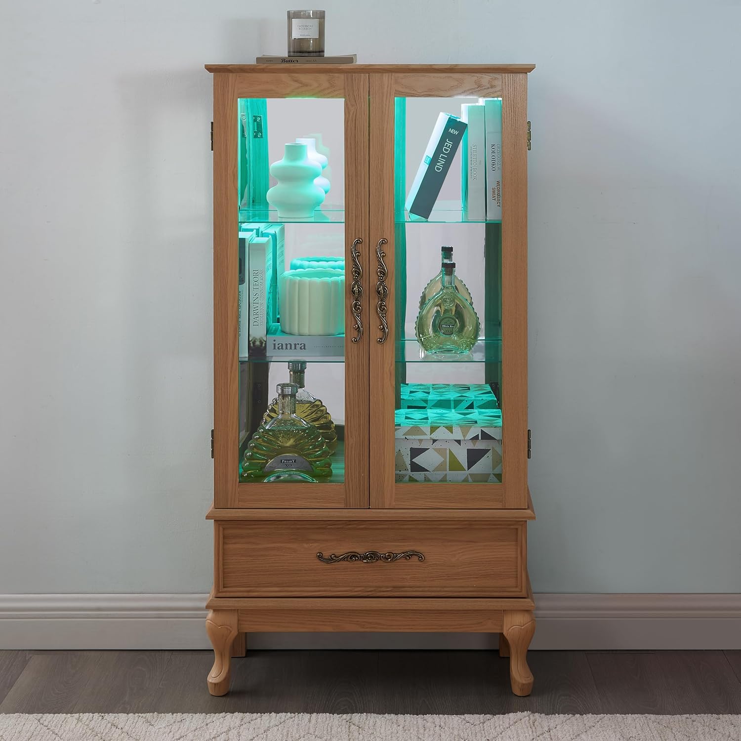 Lighted Curio Cabinet, Glass Display Cabinet, Light Oak Display Cabinet with Mirrored Back, Adjustable Shelves, 2 Glass Doors, 1 Drawer, 47.44 Inch High