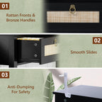 LAZZO Rattan Console Table Boho Entryway Table Narrow Long Sofa Table Hallway Foyer Table Behind Couch Table with 3 Drawers and Open Storage Shelf for Living Room and Corridor Black