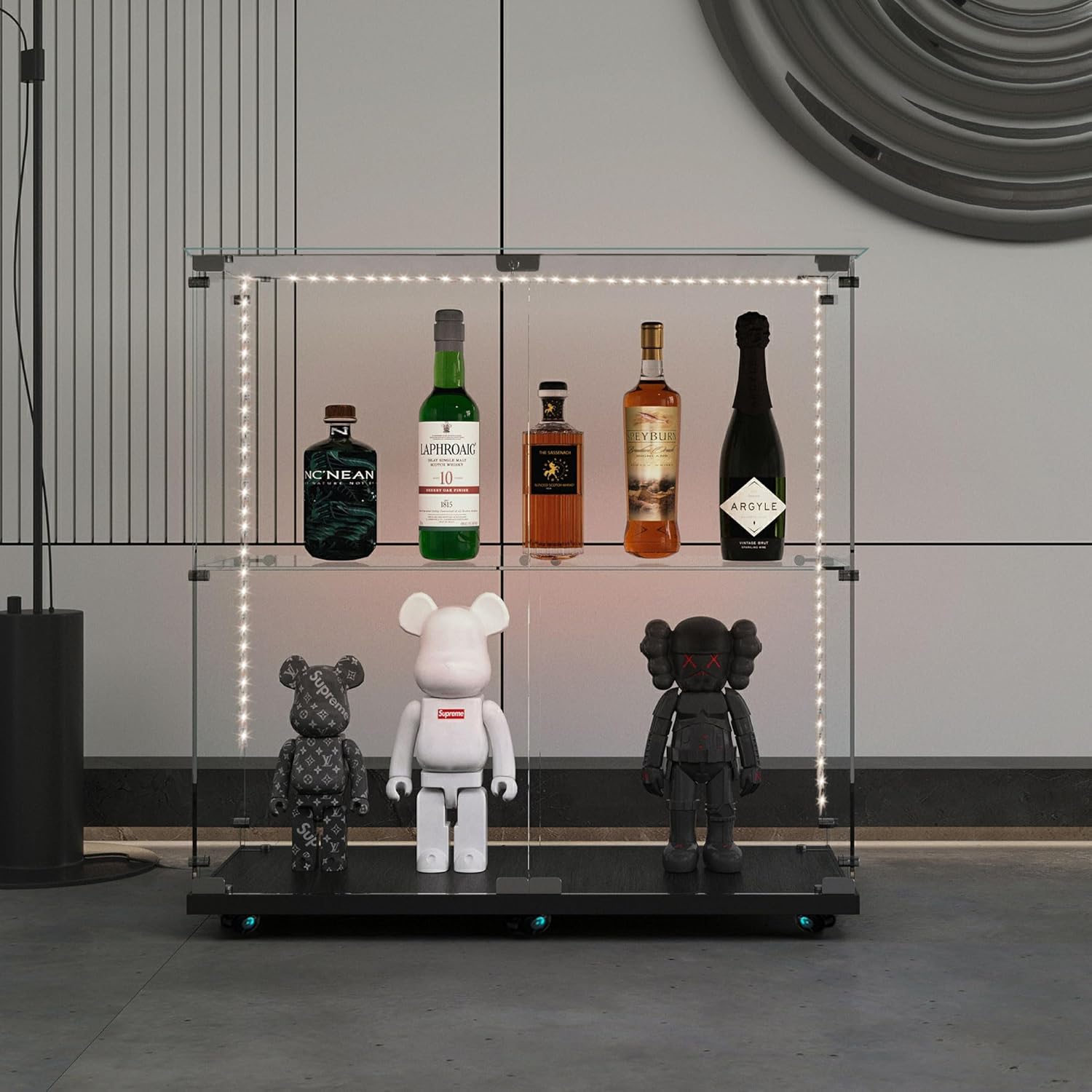 2-Tier Glass Display Cabinet with Bluetooth LED Light Strip, 2-Door Floor Standing Curio Cabinet with Universal Wheel for Home, Black Glass Bookshelf for Collections, Clear Top