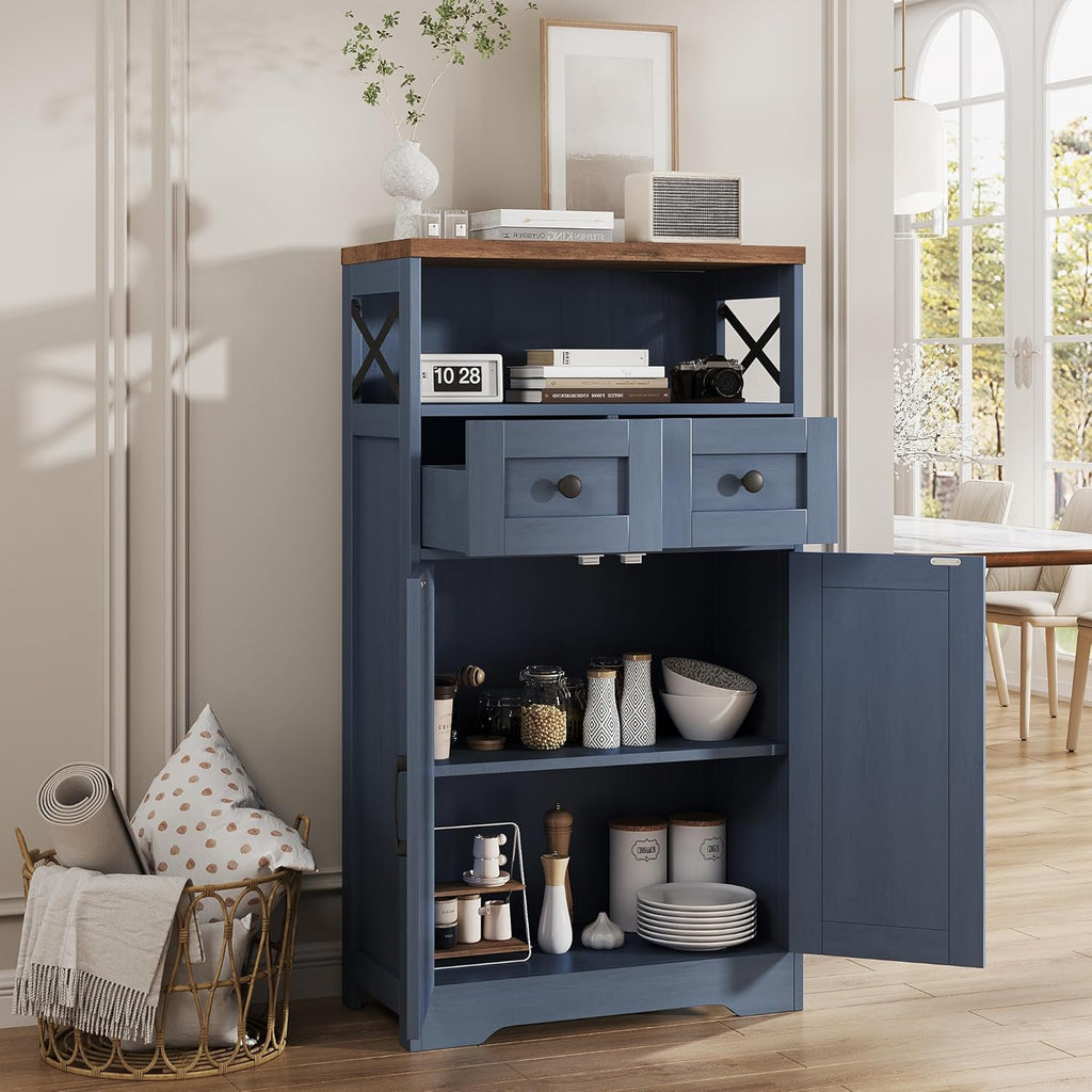 FiveWillowise Farmhouse Blue Storage Cabinet with Barn Doors and Drawers, Small Freestanding Kitchen Pantry Cabinet, Hutch Cupboard for Kitchen, Laundry, Living Room,Bathroom