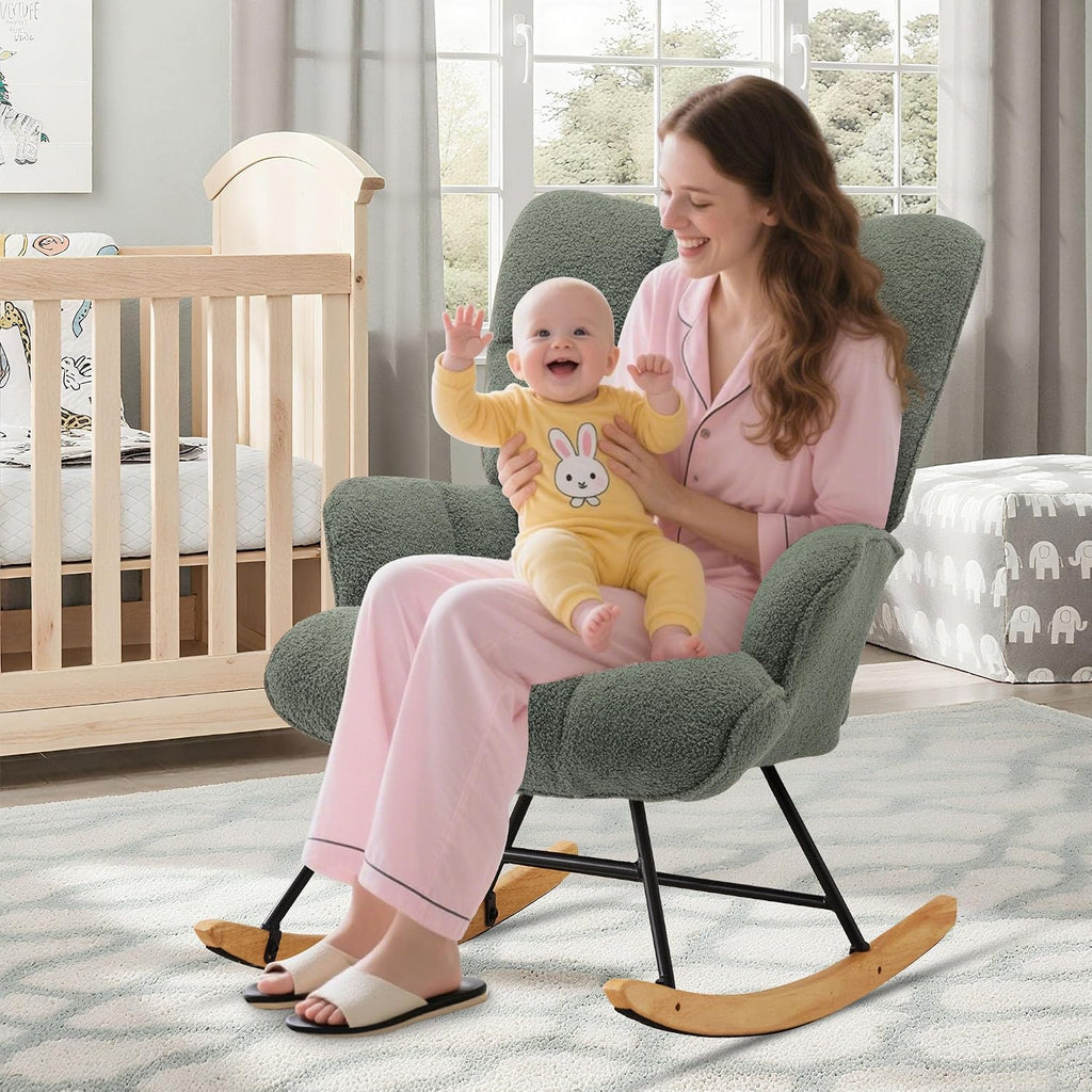 Rocking Chair Nursery Teddy Upholstered Glider Rocker Rocking Accent Chair Padded Seat with High Backrest Comfy Armchair Side Chair for Living Room Bedroom (Sagegreen Teddy)