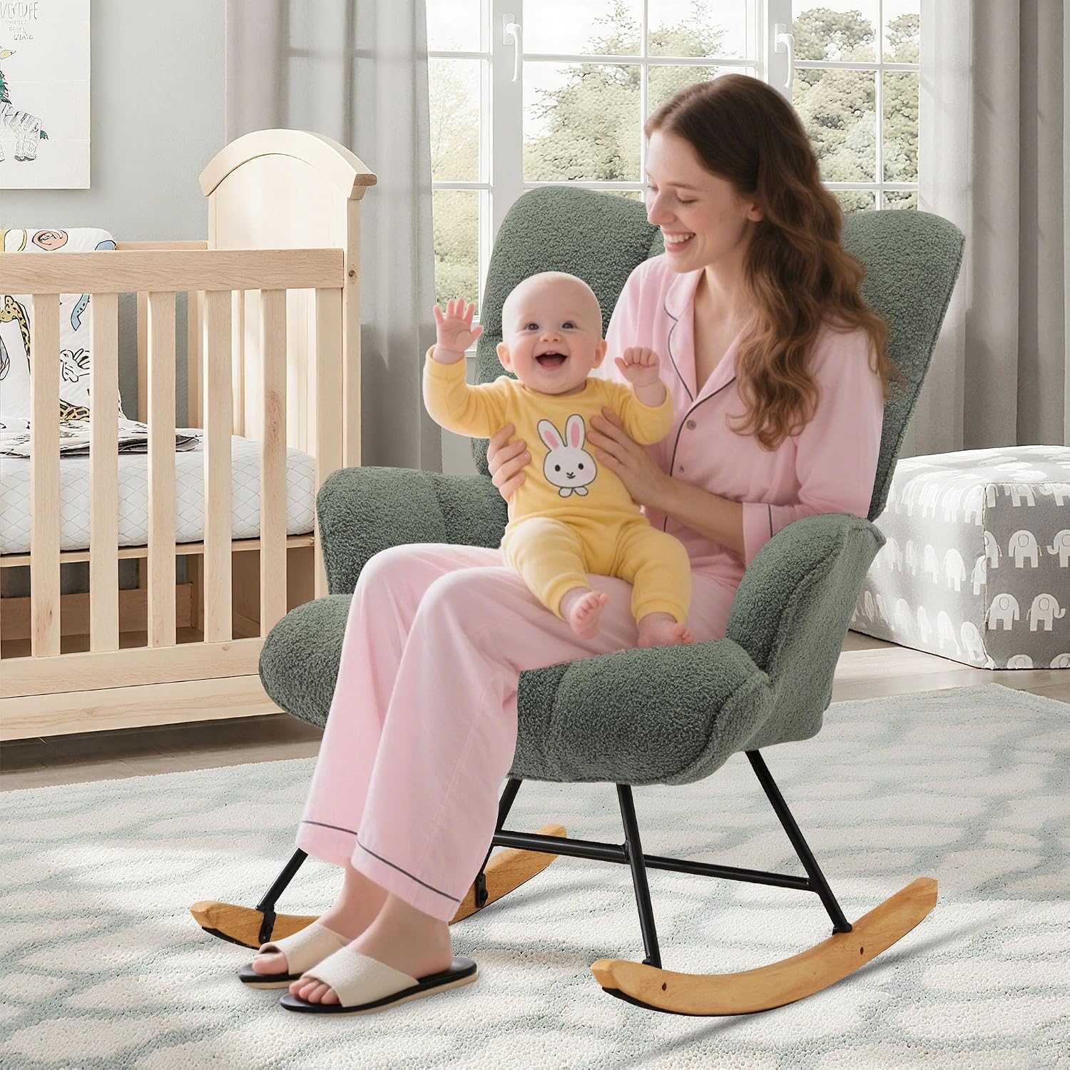 Rocking Chair Nursery Teddy Upholstered Glider Rocker Rocking Accent Chair Padded Seat with High Backrest Comfy Armchair Side Chair for Living Room Bedroom (Sagegreen Teddy)