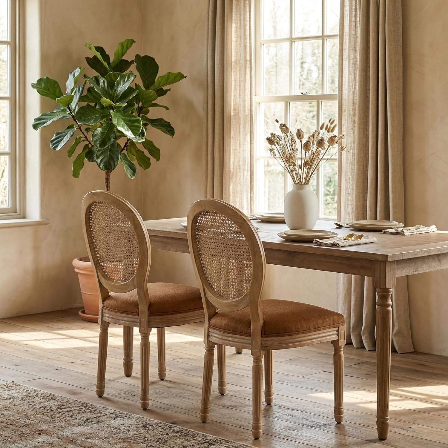 Vintage French Country Dining Chairs Set of 4, Farmhouse Rattan Dining Room Chairs with Round Back, Linen Upholstered Seat & Carved Solid Wood Legs, Sillas de Comedor, Kitchen Dining Chairs (Tan)