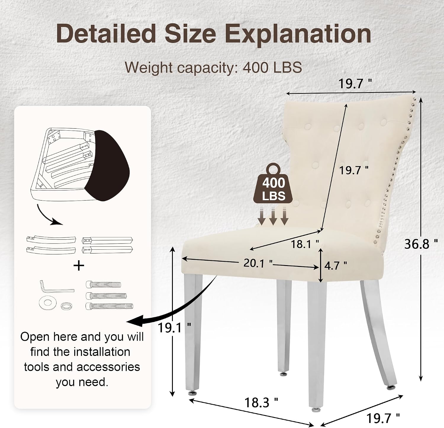 adochr Velvet Dining Chairs Set of 6, Upholstered Kitchen Chairs with Mteal Legs, Modern Button Tufted Back with Square Pull Ring Trim for Dining Room, Beige