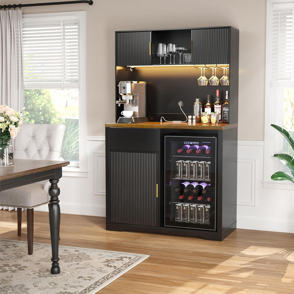 GDLF 72" Tall Bar Cabinet with Fridge Space, Fluted Coffee Liquor Hutch Cabinet with Storage, Tall Home Bar with LED Light & Power Outlet for Kitchen Dining Room or Living Area