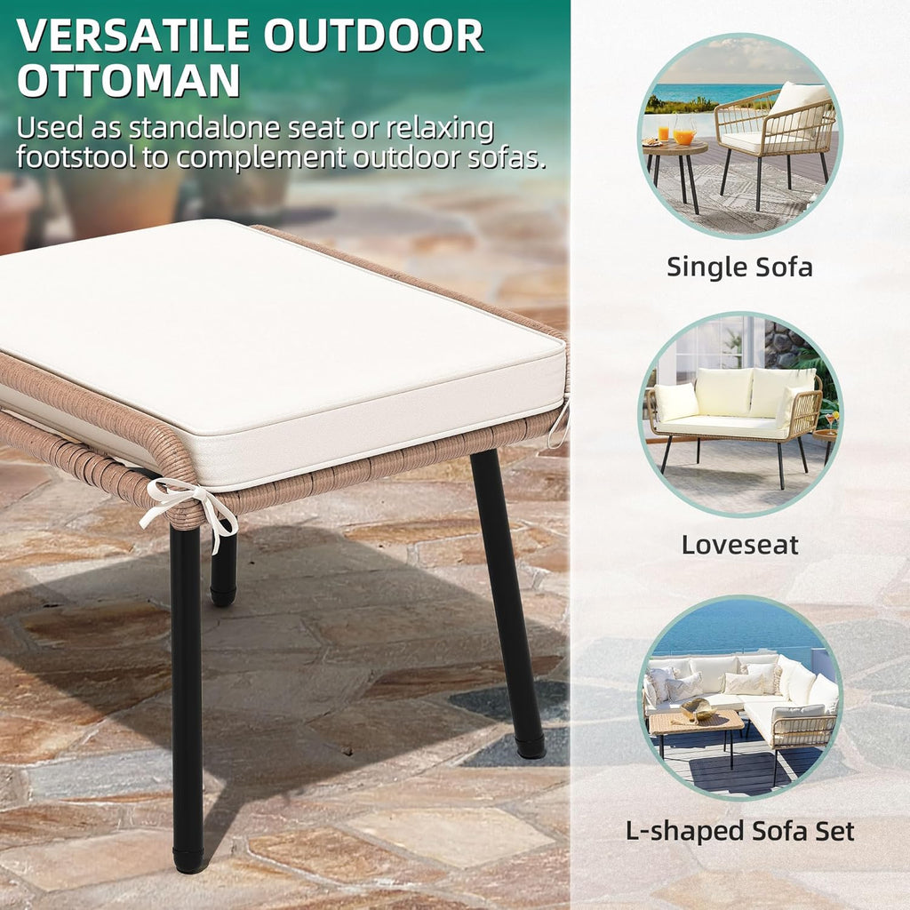 YITAHOME 2-Piece Outdoor Wicker Ottoman, All-Weather Patio Rattan Foot Rest with Cushions - Beige