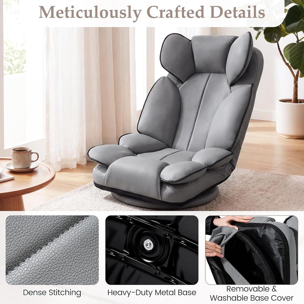 Giantex 360° Swivel Floor Gaming Chair, Folding Lazy Lounger Couch with 6-Position Adjustable Backrest & Sponge Filling, Lazy Sofa Lounge Chair, Video Gaming Chair for Reading, Relaxing (Gray)
