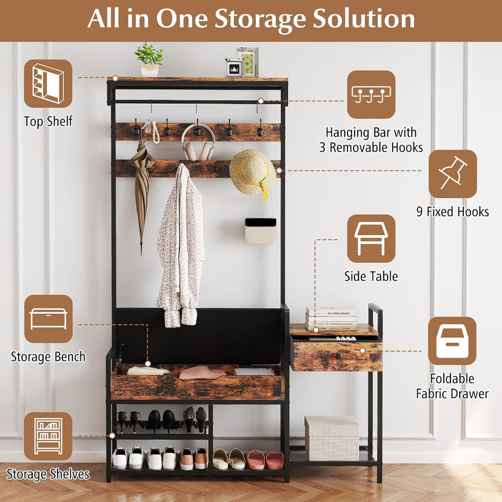 Tangkula Hall Tree with Bench and Shoe Storage, Industrial Coat Rack with Shoe Storage, 12 Hooks & Drawer, Multifunctional Shoe Rack with Cushioned Seat & Hanging Rod for Entryway, Bedroom, Hallway