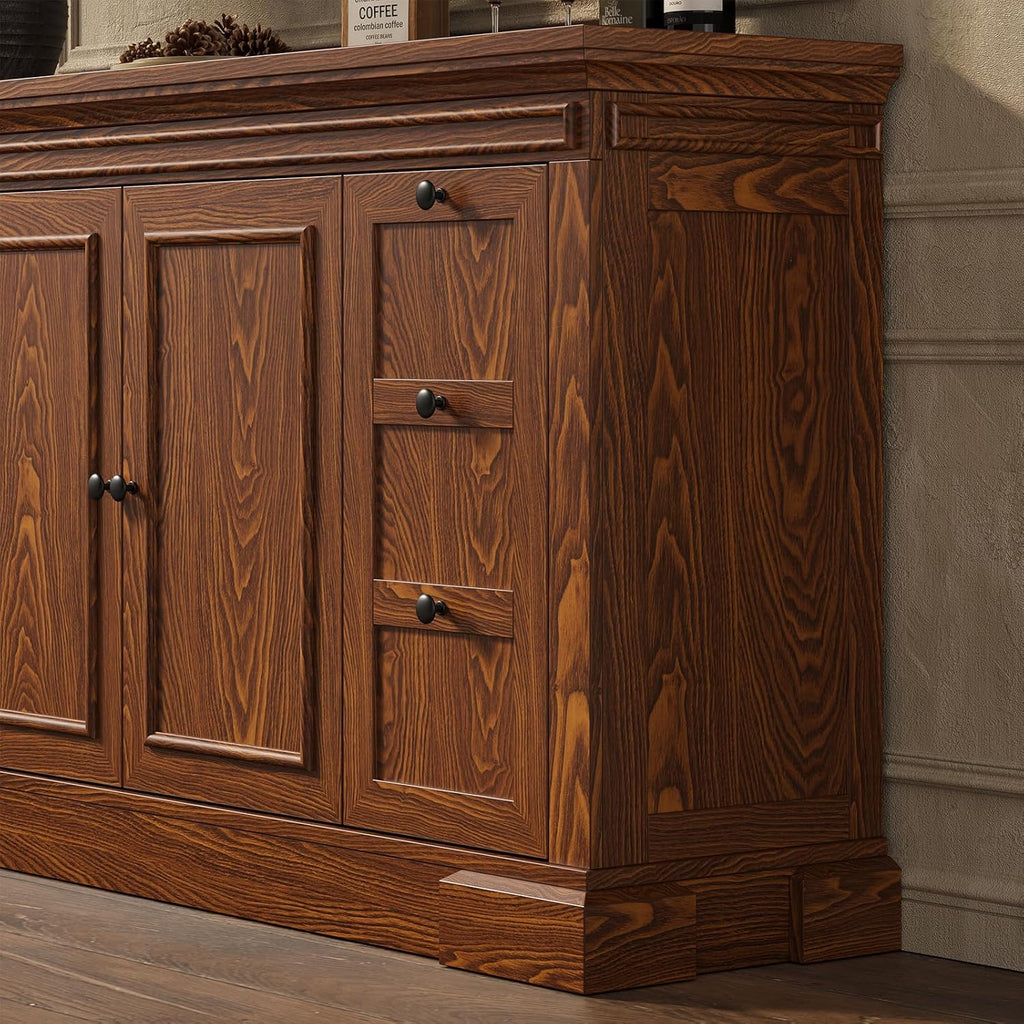 Sideboard Buffet Cabinet with Storage, 63" Large Credenza Kitchen Storage Cabinets with Drawer and Door, Wood Coffee Bar Table with Adjustable Shelf for Living Room, Kitchen, American Retro, Brown