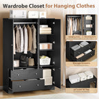 VINGLI Armoire Wardrobe Closet with Doors and Mirror,47" W Wardrobe Cabinet Wooden with Hanging Rod & Shelves Inside, 4 Door Bedroom Armoires with Drawers, Black Freestanding Armoire for Bedroom