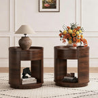 Chogori Solid Wood End Table Set of 2 with Drawer & Storage Shelf – Walnut Round Accent Nightstand, Farmhouse Side Table for Small Spaces, Living Room, Easy Assembly