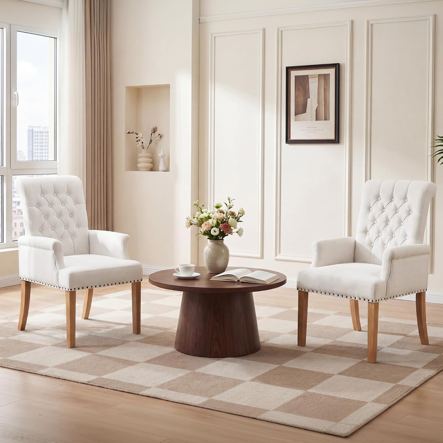 Upholstered Dining Chairs, Modern Fabric Dining Room Chairs with Arms, Tufted High Back Armchair with Solid Wood Legs for Dining Living Room, Kitchen, Beige