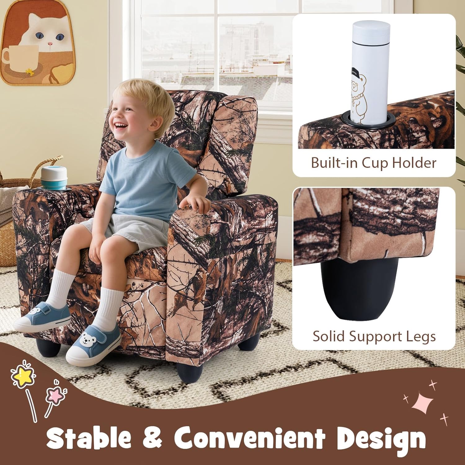 LDAILY Kids Recliner, PU Leather Kids Lounge Chair with Cup Holder, Adjustable Backrest & Footrest, Ergonomic Toddler Recliner Furniture Sofa for Children Boys Girls Age 3+, Living Room (Leaf)