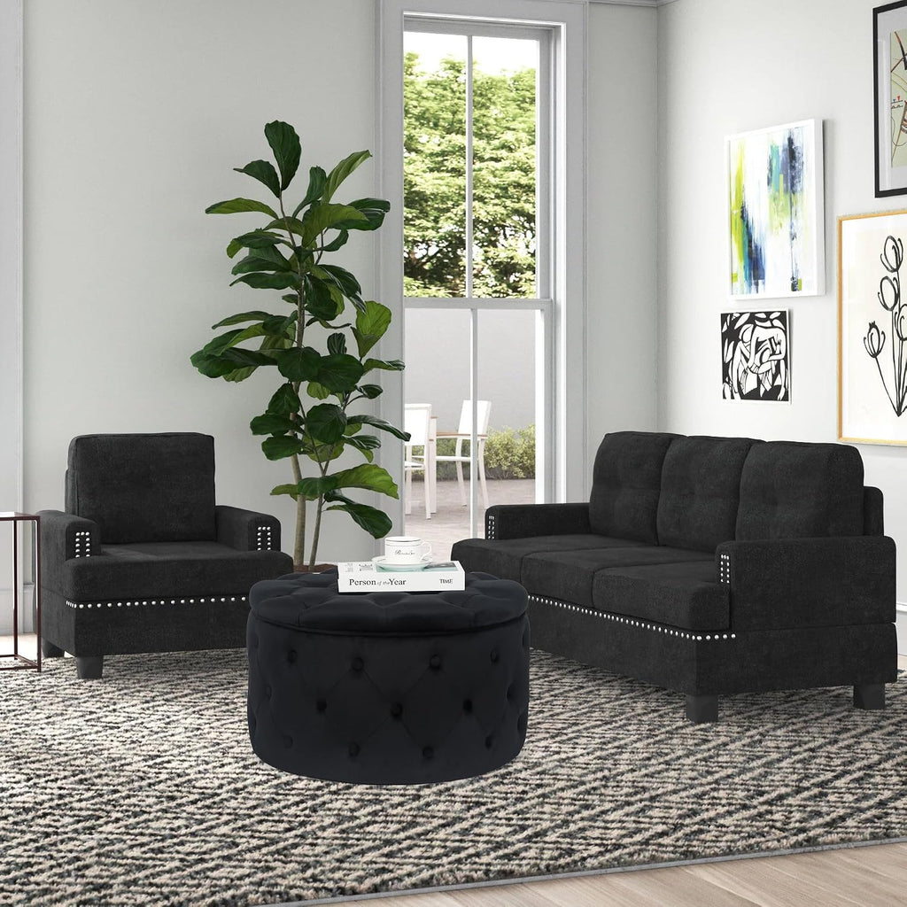 Joveco Round Storage Ottoman, Button Tufted Upholstered Ottoman with Removable Top, Storage Bench Coffee Table Footrest Stool for Living Room Bedroom Entryway (Black,M)