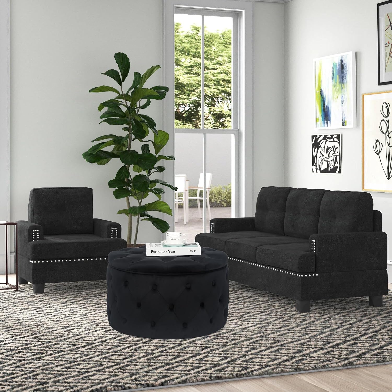 Joveco Round Storage Ottoman, Button Tufted Upholstered Ottoman with Removable Top, Storage Bench Coffee Table Footrest Stool for Living Room Bedroom Entryway (Black,M)
