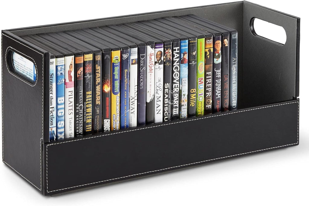 Stock Your Home DVD Storage Box, Movie Shelf Organizer for Blu-Ray, Video Game Cases, CDs, VHS Tape Display Stand, Disc Holder Can Store Up to 28 DVDs, Faux Leather (Black) 2 Pack