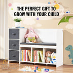 VEVOR Kids Reading Nook Bench, Toddler Bookshelf and Bookcase with Detachable Seat Cushion, 6-Cubby Storage Organizer Bench with 3 Drawers, Ideal for Playroom, Bedroom, Living Room or Entryway, White