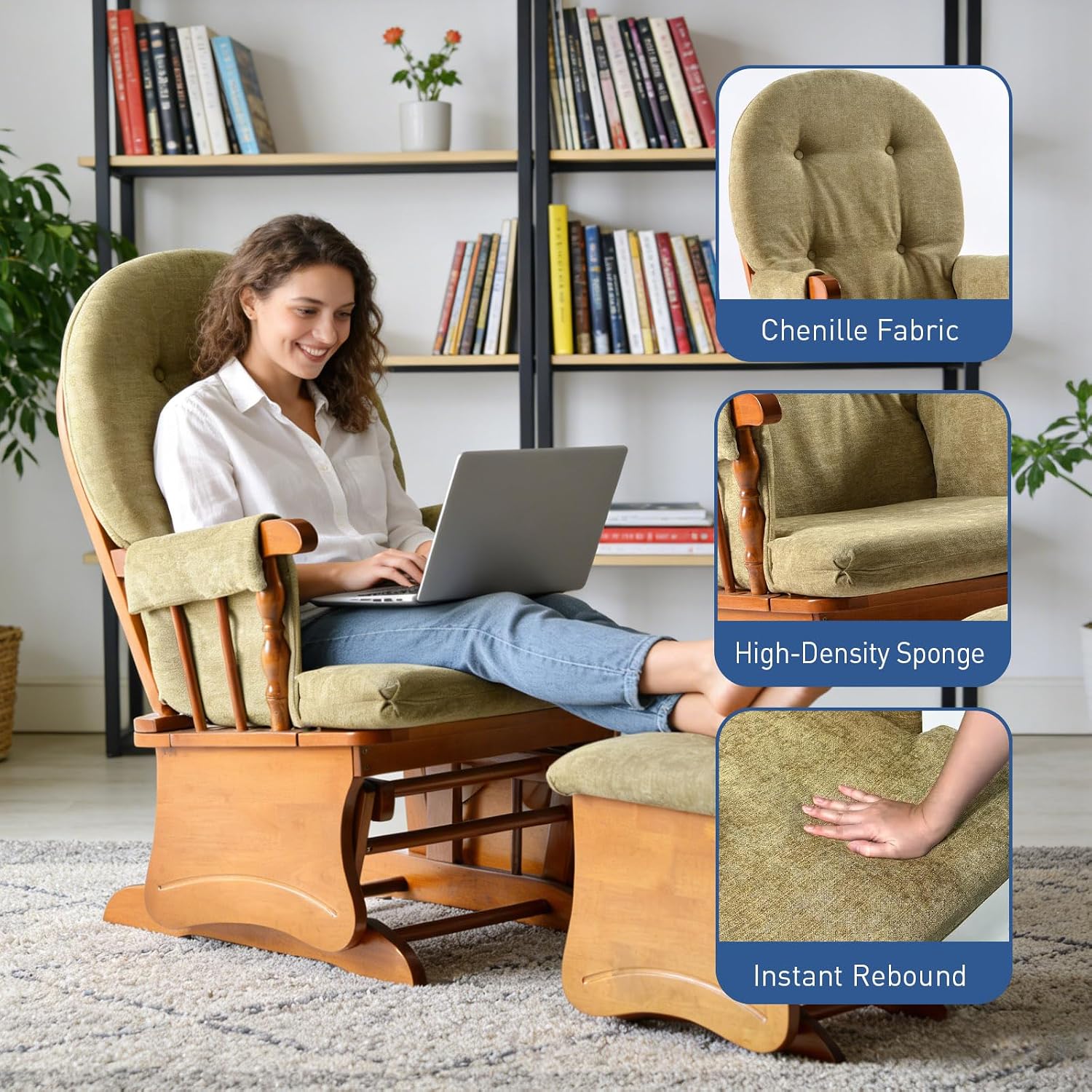 Glider Rocking Chair Nursery with Ottoman Smooth Rocking Motion, Easy to Assemble, Solid Hardwood Base Indoor Adult(Yellowish-Green)
