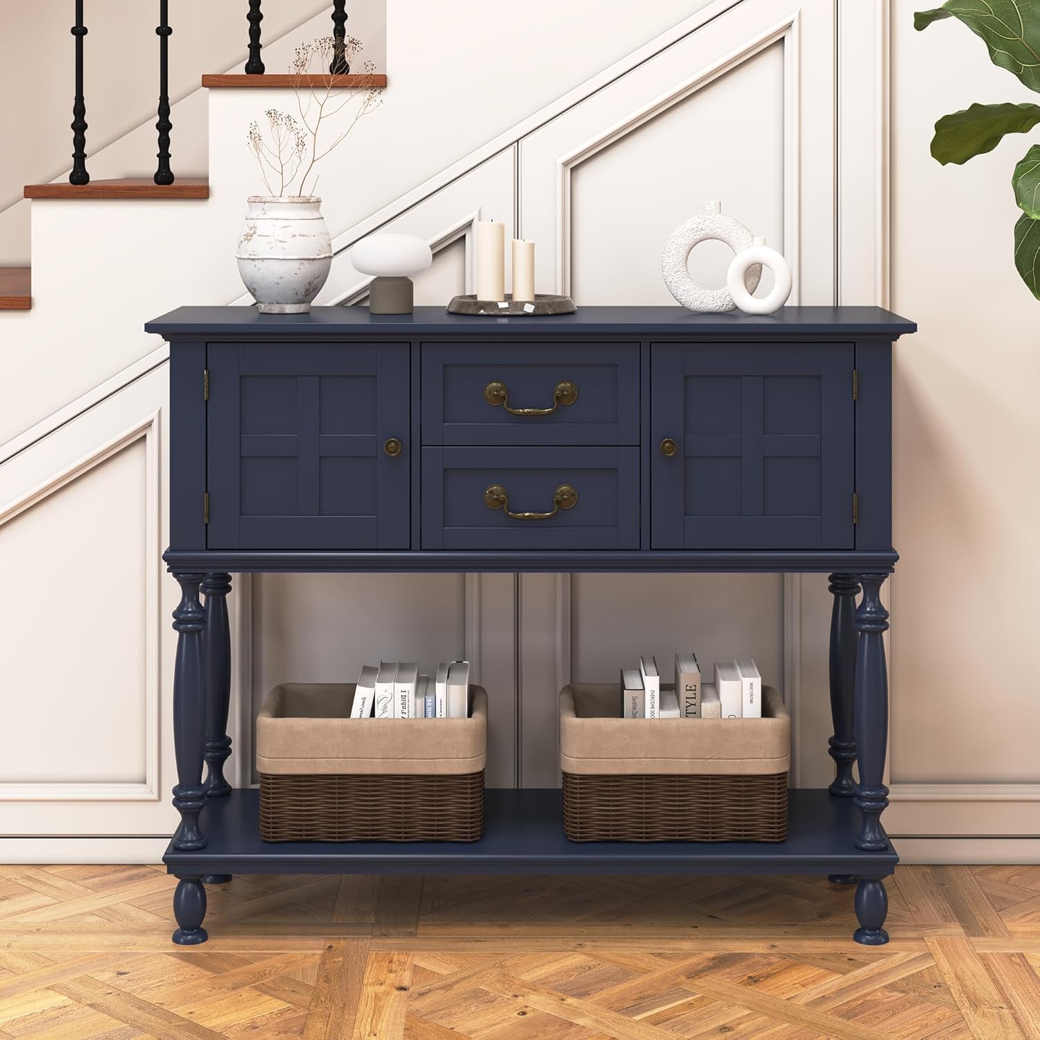 Farmhouse Console Table with Storage, Narrow Entryway Table with 2 Drawers & 2 Door Cabinets, Sofa Table Behind Couch with Shelf for Living Room, Entryway