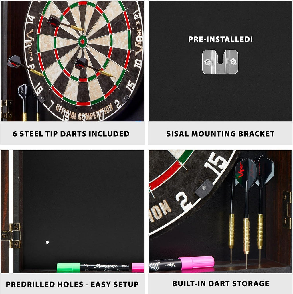 Viper by GLD Products Vault Deluxe Dartboard Cabinet with Shot King Sisal Dartboard and Illumiscore Scoreboard, Wood