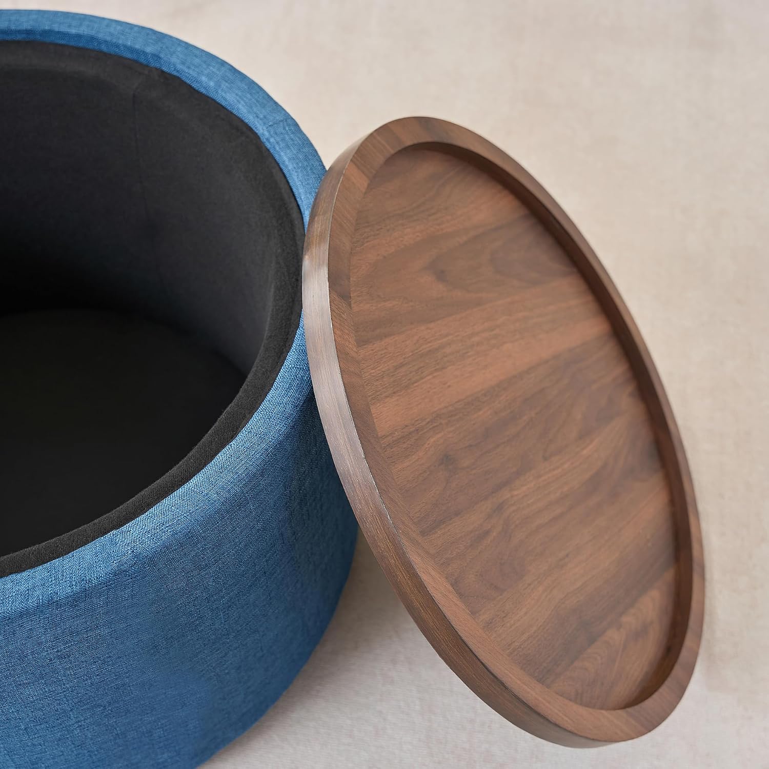 2-Piece Ball & Cast Nesting Storage Ottomans with Wooden Tray, Round Linen Upholstered Ottoman Bench and Coffee Table Set, 22.75 Inch Multi-Functional Footstool for Living Room (Blue)