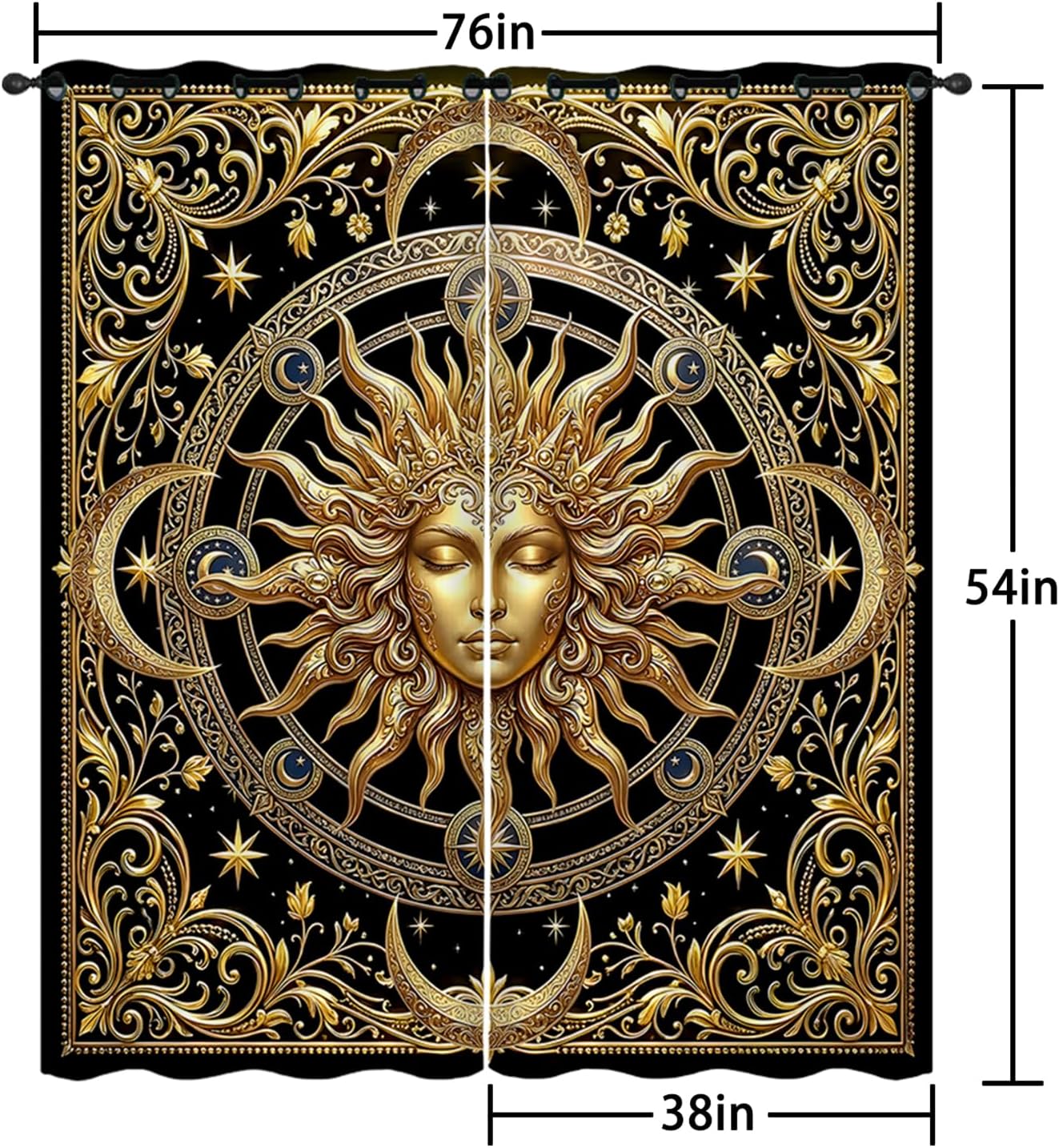 AILONEN Black Gold Sun Curtains W38 x L54 Inch Vintage Celestial Tarot Drapes Light Filtering Microfiber Window Treatments for Bedroom Living Room Mystical Boho Mandala 2 Pieces Coverings